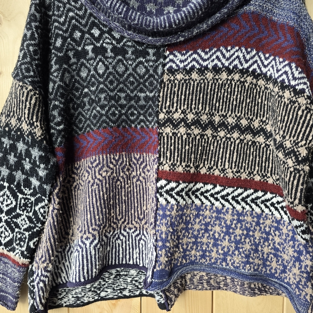 Free People Patchwork Cowl Neck Oversized Knit Pullover Sweater Womens Small - Picture 3 of 11
